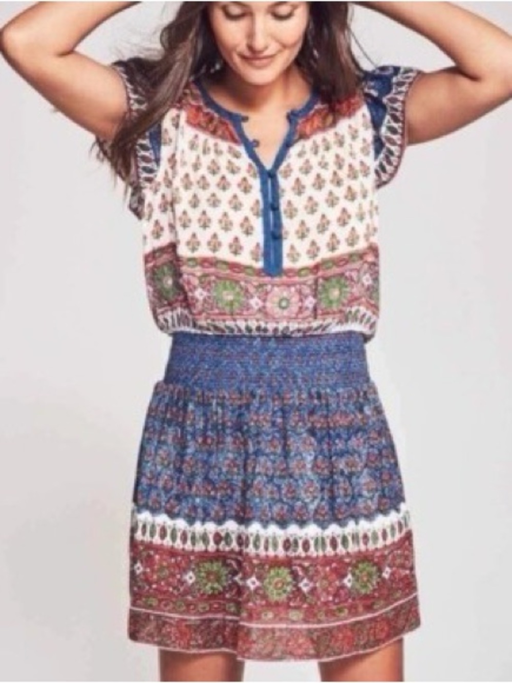 FAHERTY Bemiini Boho Multi Floral Western Drop Waist Mini Dress